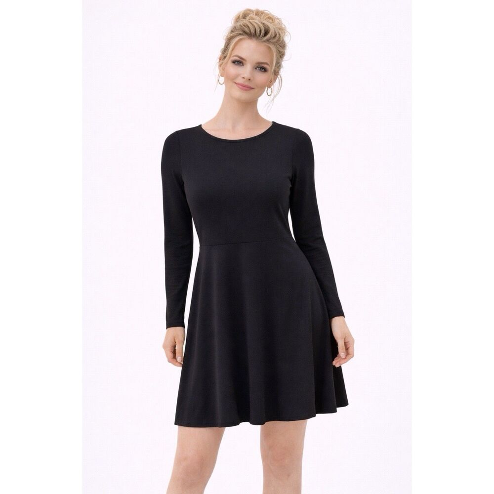 ASOS Petite Black Long Sleeve Fit Flare Dress Women’s US 2 Stretch Minimalist